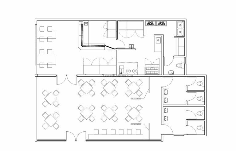 2d sushi bar project with restaurant area fully furnished with AutoCAD blocks, free downloadable floor plan, restaurant projects, cafeterias, and commercial kitchens.