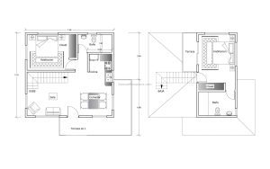 Two Bedroom House 968 sq. ft. dwg CAD file for free download, dimensioned layout