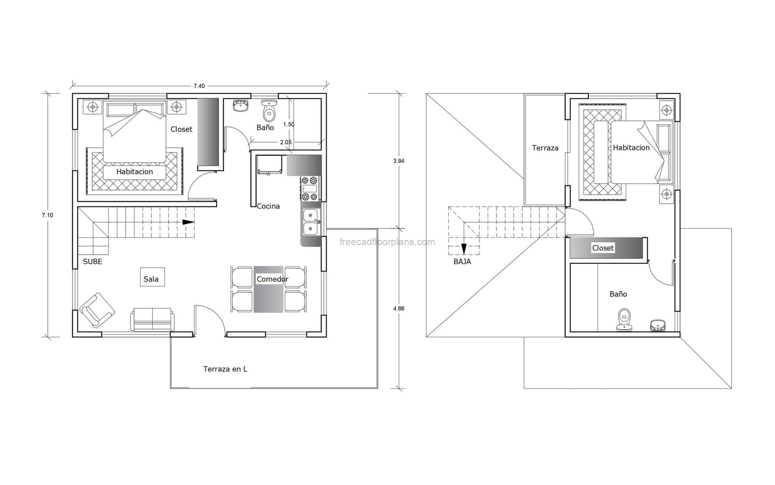 Two Bedroom House 968 sq. ft. dwg CAD file for free download, dimensioned layout