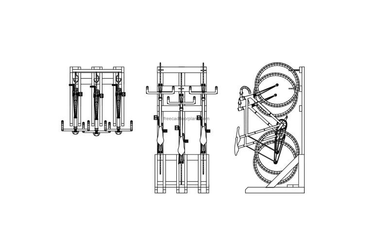 drawing of a vertical rack for bike cad block elevation and plan views for free download