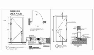 detail of wooden door with all detailed elements, frame, plan and elevation views, free downloadable DWG CAD drawing