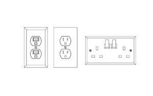 3 Pin Sockets, US and UK drawing cad block front elevation dwg file for free download