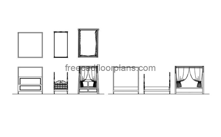 4 Poster Beds, Free AutoCAD Block, Plan+Elevations