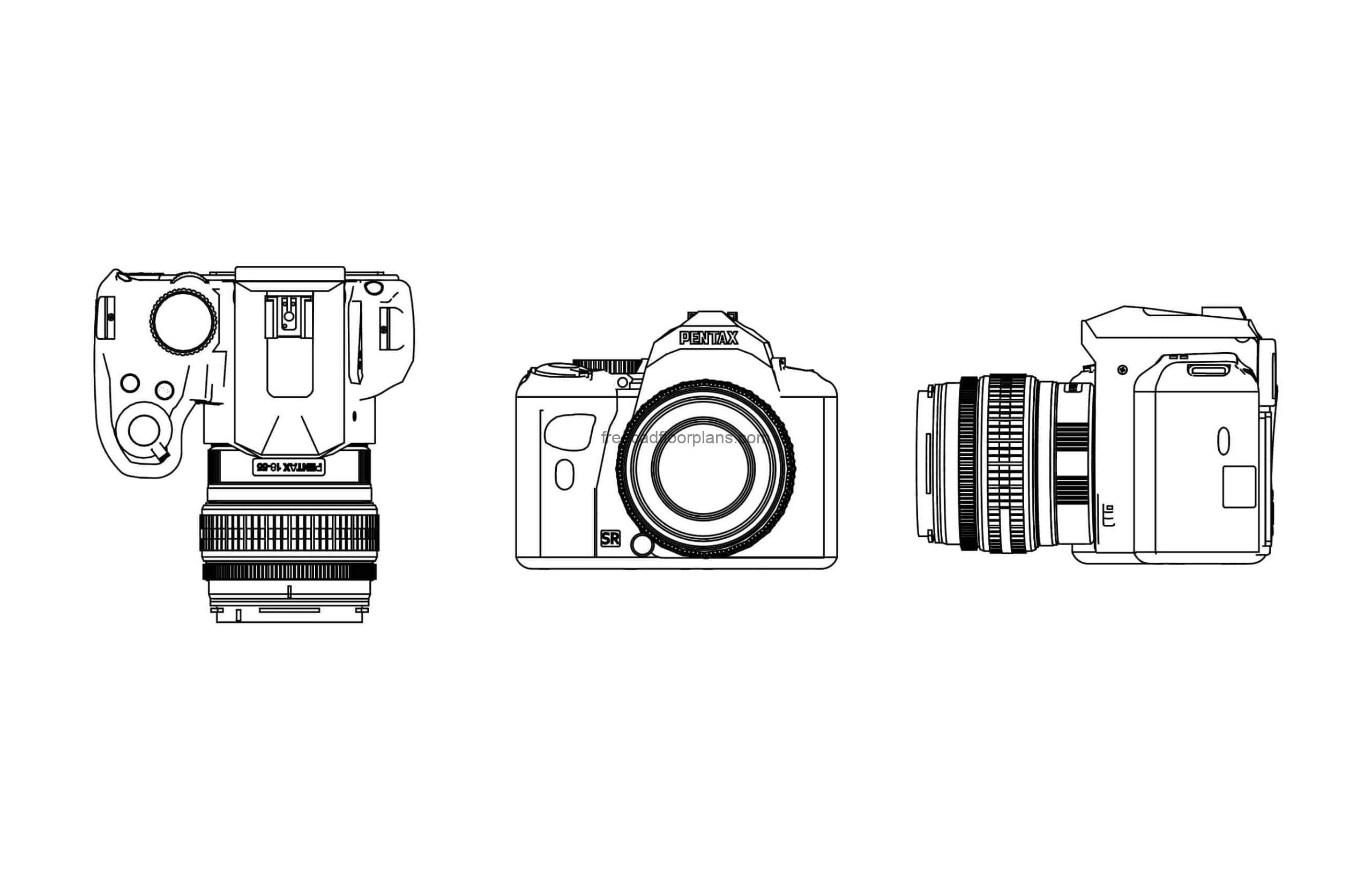 cad block drawing of a DSLR camera all 2d views front, side and plan views dwg model for free download