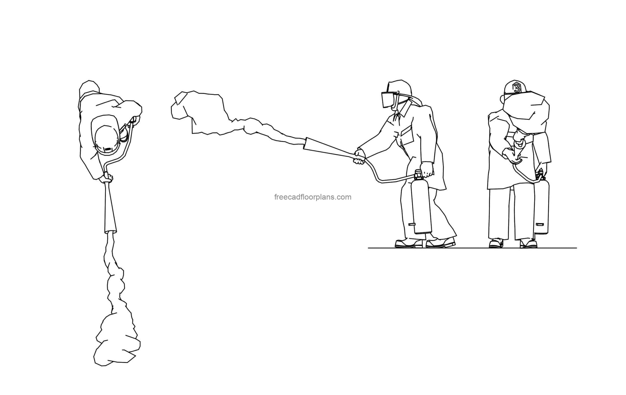 Firefighter with fire extinguisher drawing cad block front, views side and plan
