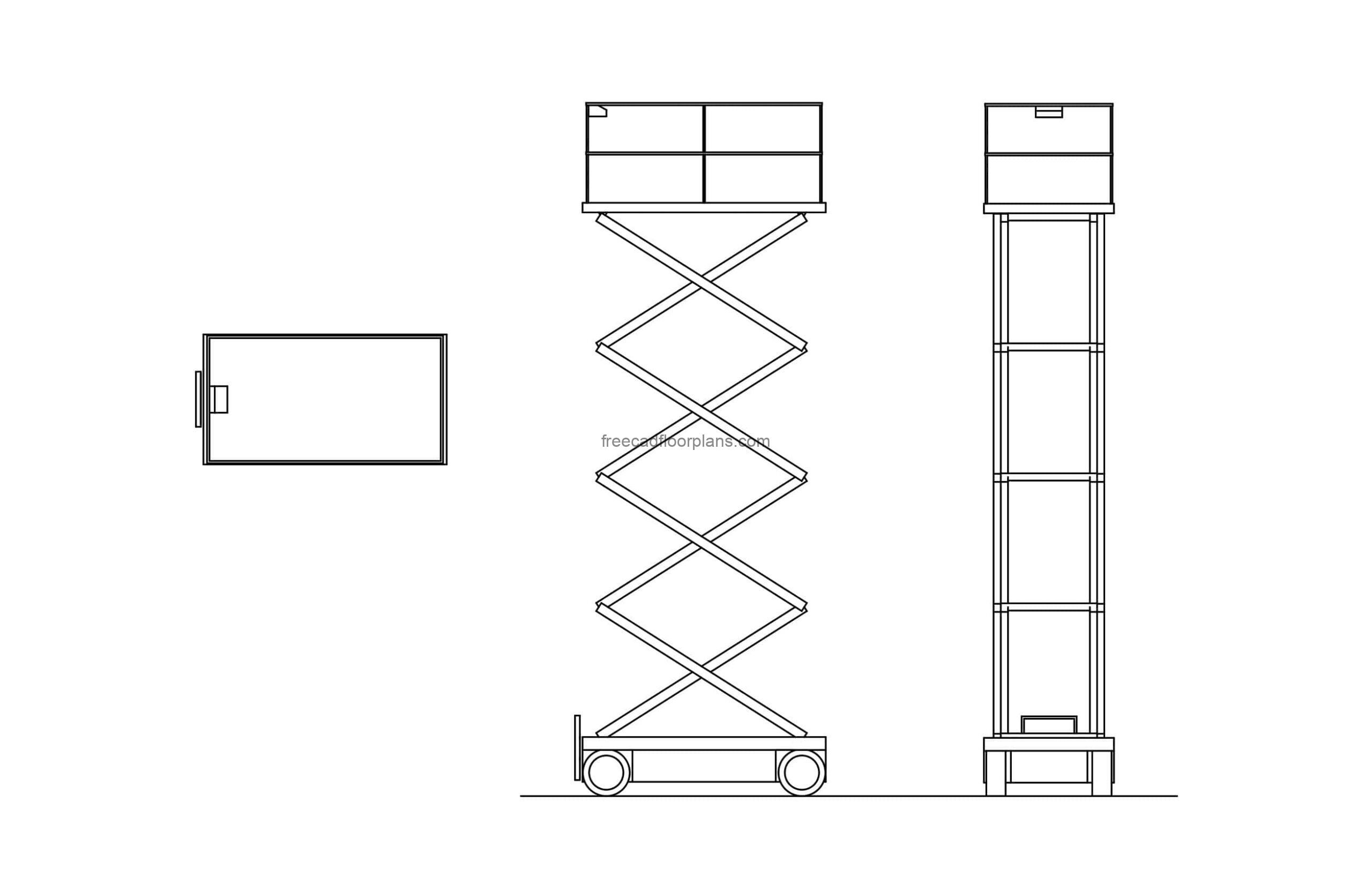 Scissor Lift cad block drawing, plan and side elevations views dwg model for free download