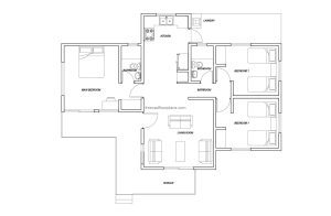 three room house plan in DWG CAD format, open floor plan, floor plan with dimensions for free download.