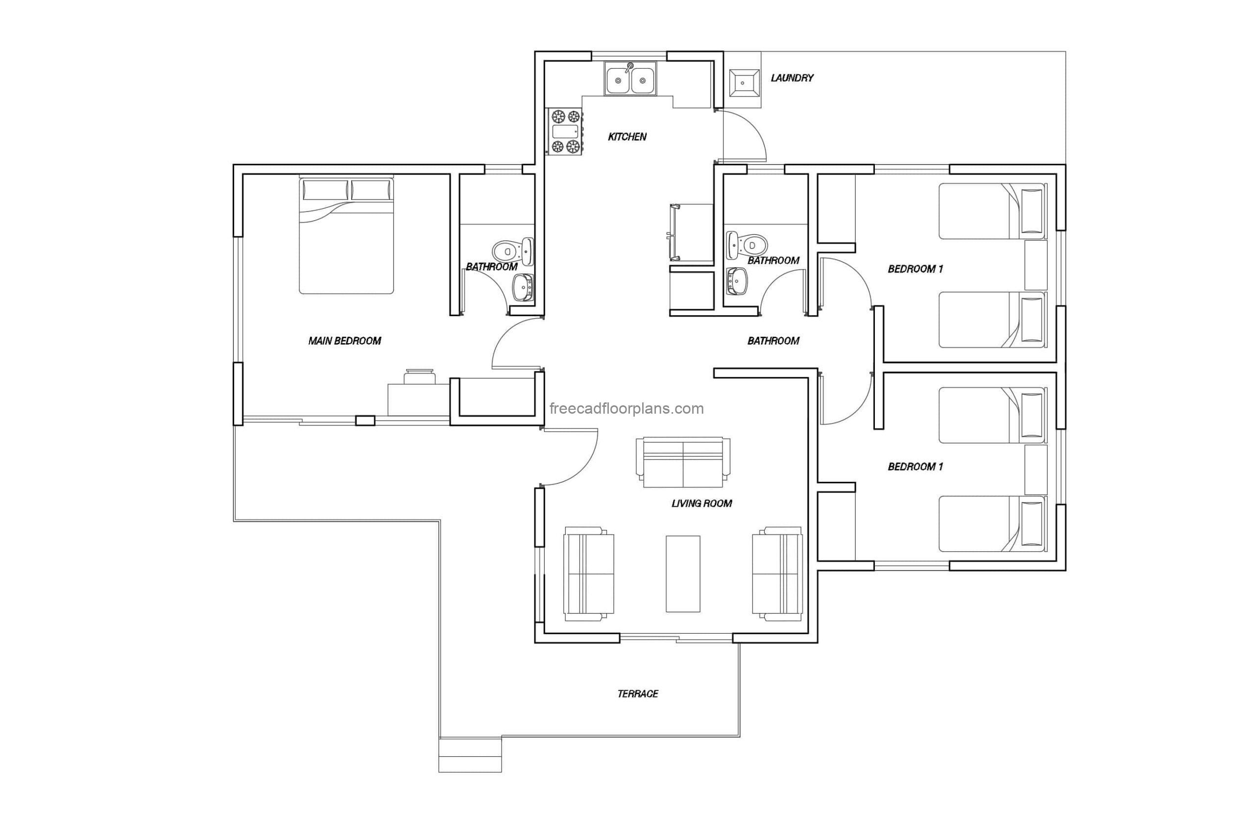 three room house plan in DWG CAD format, open floor plan, floor plan with dimensions for free download.