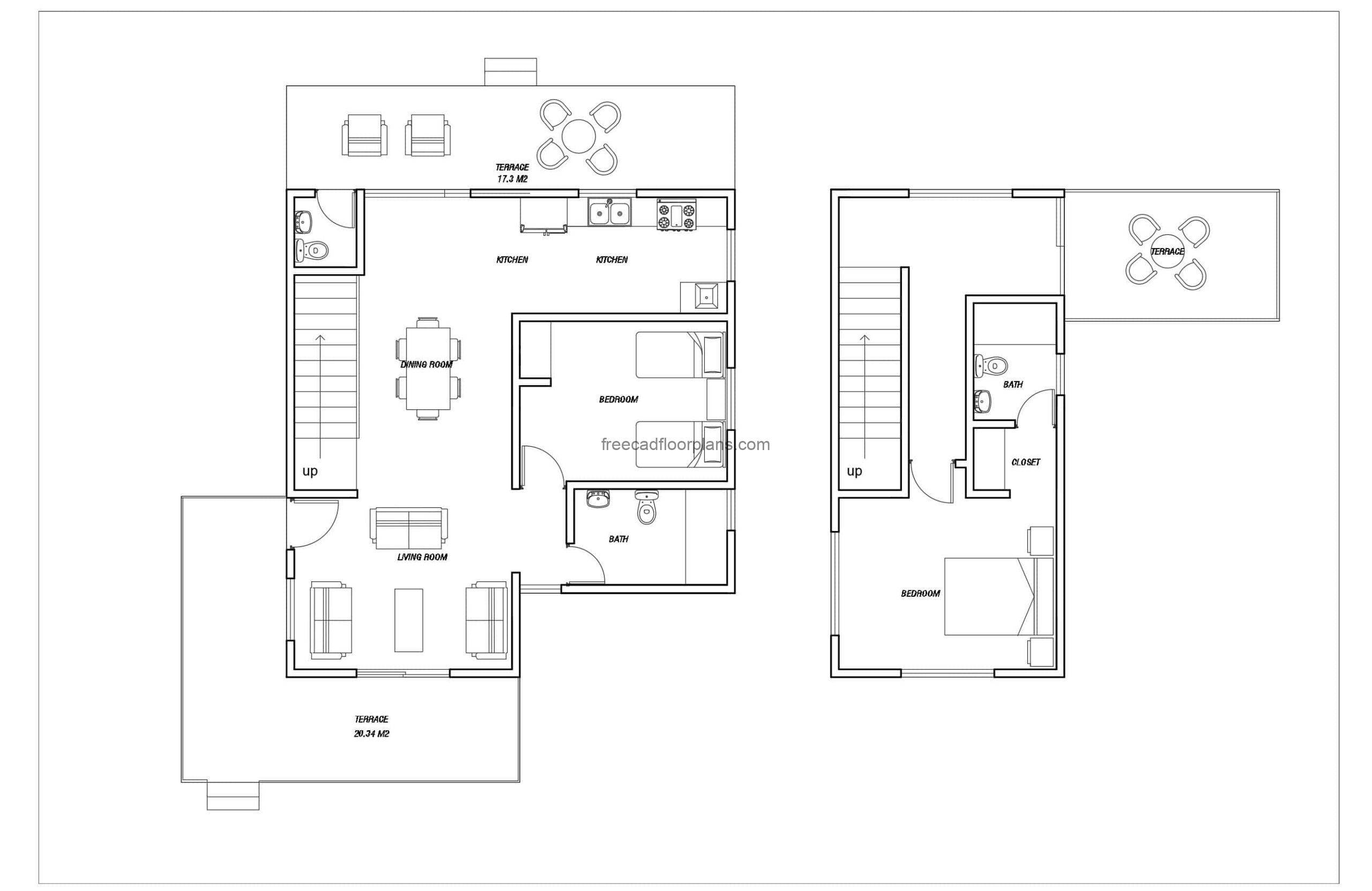 Drawing of a two storey house with 1700 sq.ft. plan in dwg AutoCAD format