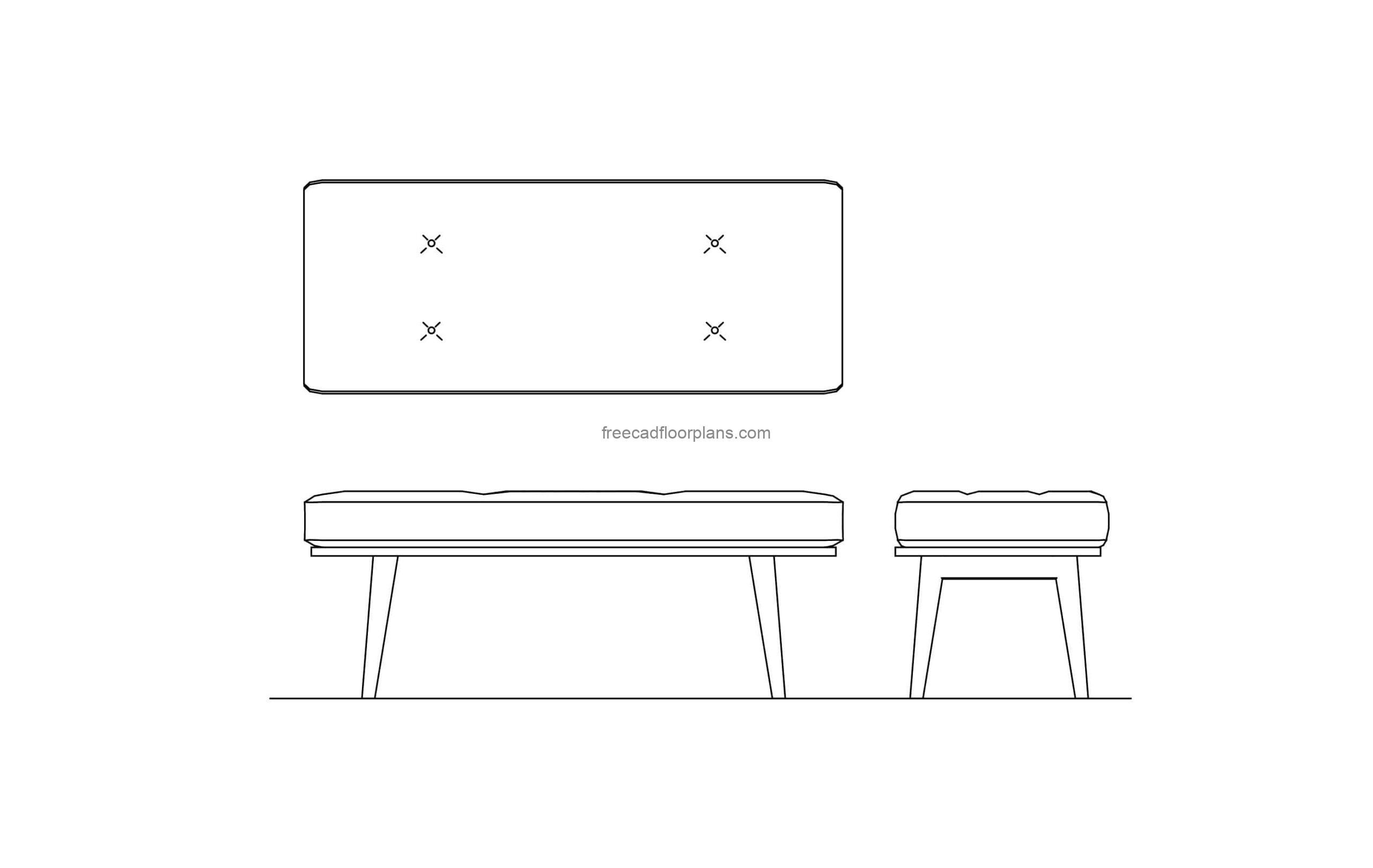 Upholstered Bedroom Bench cad block drawing all 2d views free file for download