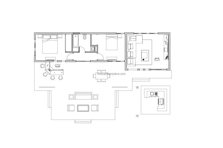 Villa With Large Front Terrace CAD drawing in dwg format with all defined spaces and interior autocad blocks, free downloadable floor plan.