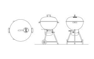Weber BBQ cad block drawing, dwg model with all 2d views, plan, front and side elevations file for free download