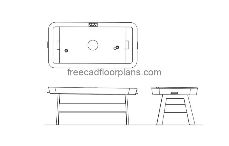 air hockey table game model 2d drawing with top, front and side elevations cad block for free download