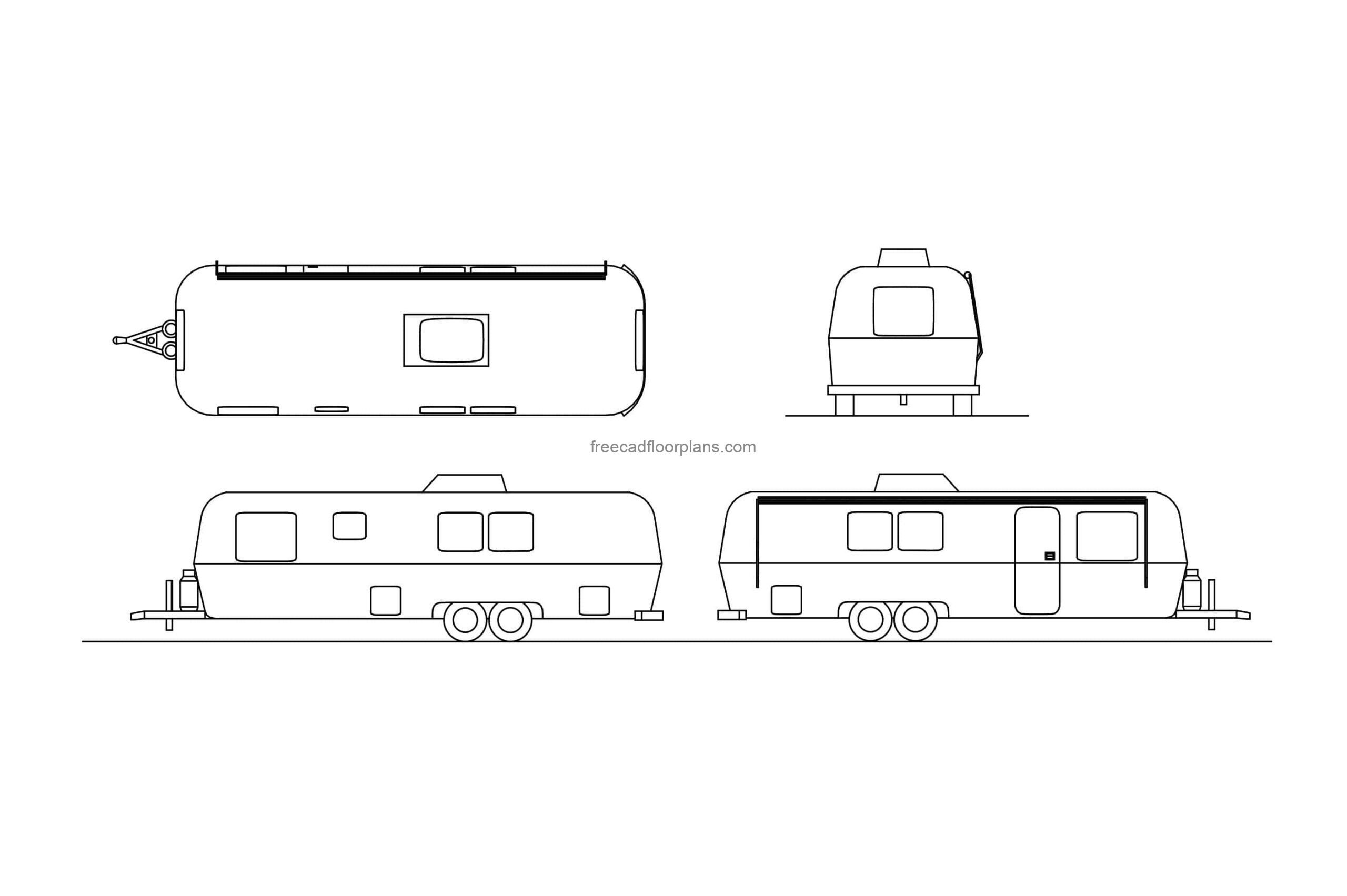 cad block drawing of a airstreamwith all 2d views, plan, and elevations, dwg file for free download
