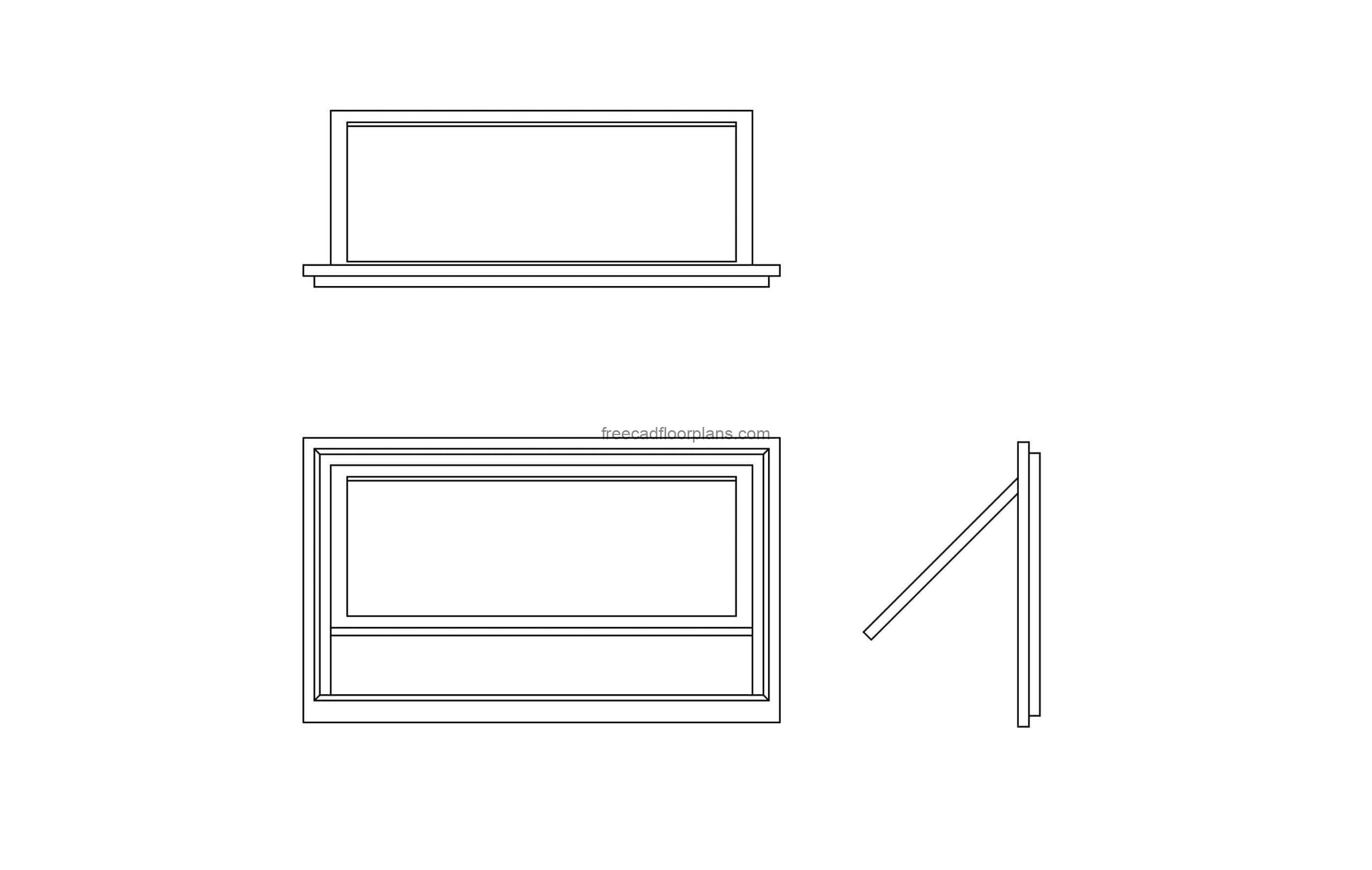 awning window cad block drawing elevation, side and plan views in 2d, dwg model for free download