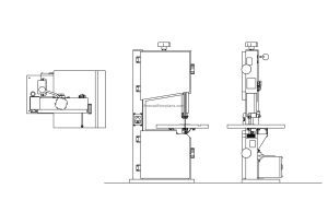2d dwg cad block drawing with all 2d views of a wood working machine, bandsaw for free download