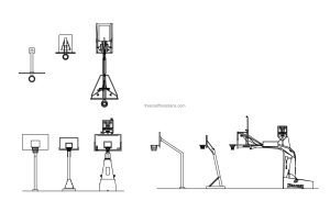 dwg cad block drawing model of various basketball hoops, all 2d views for free download