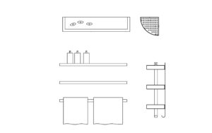 drawing of various bathroom shelfs, include corner bathroom shelf, cad block all 2d views plan and elevations for free download