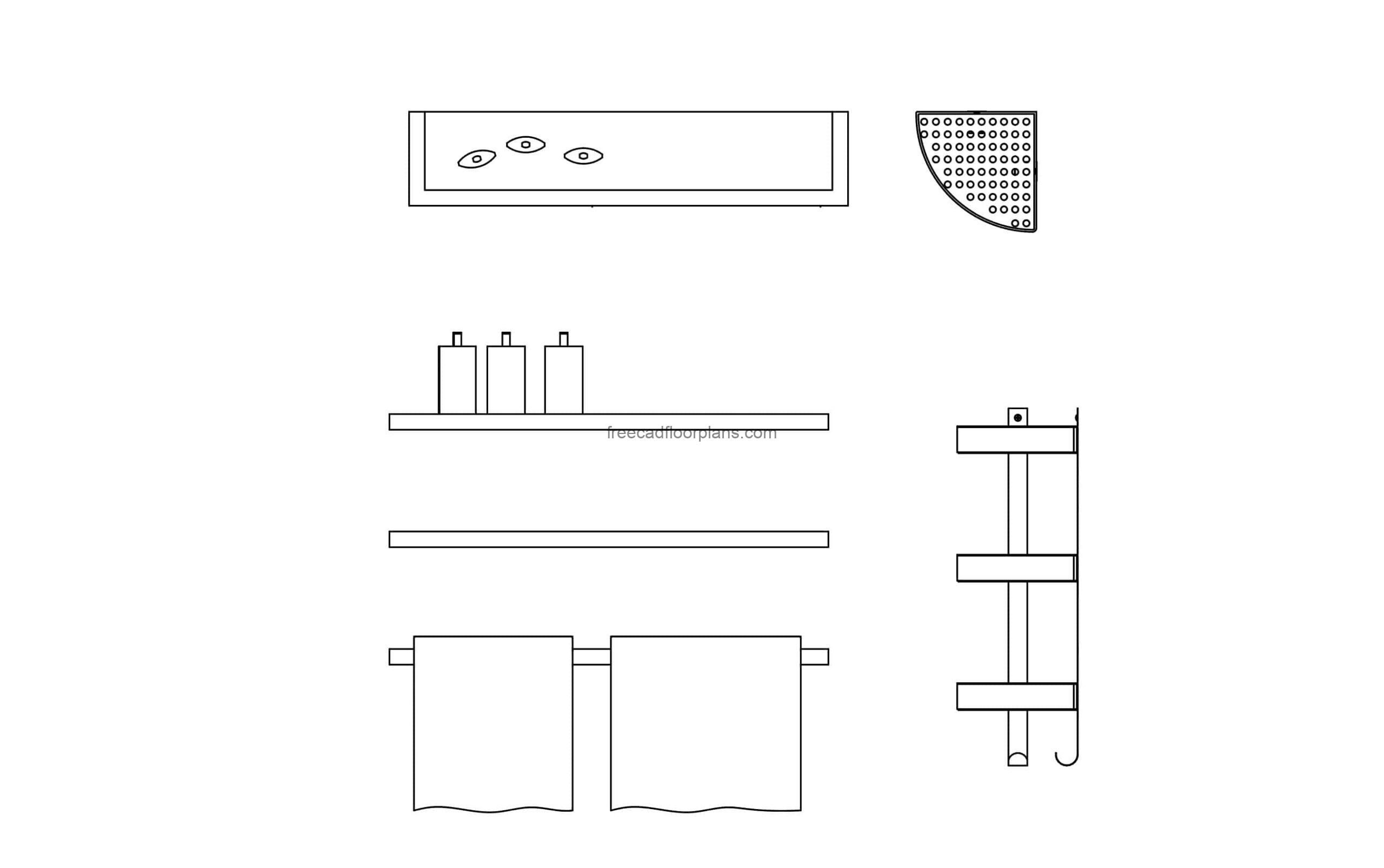 drawing of various bathroom shelfs, include corner bathroom shelf, cad block all 2d views plan and elevations for free download