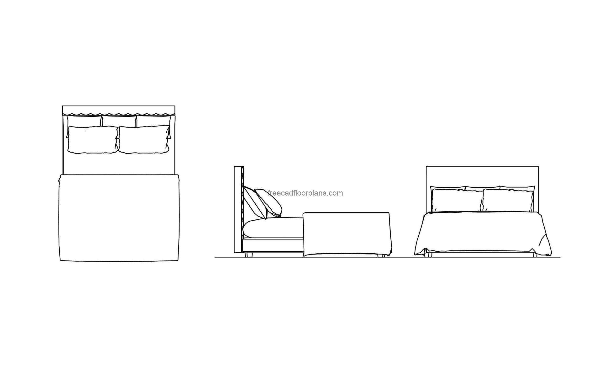 Bed In Millimeters drawings with elevations, front and top views, cad block for free download in dwg format