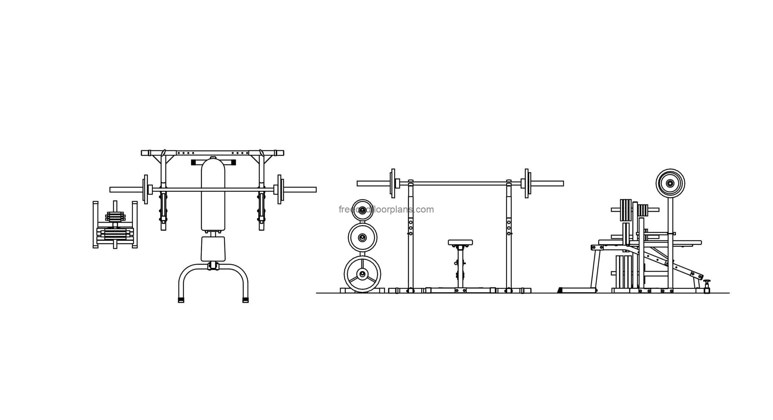 cd block drawing of gym equipment bench press, all 2d views for free download
