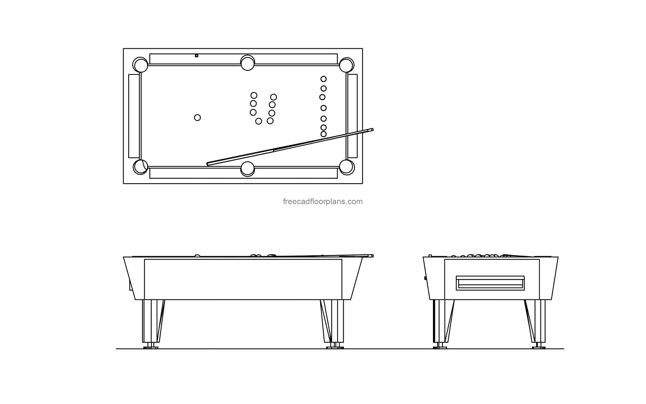 drawing of a billiard table in dwg format elevations,plan and side biews cad block