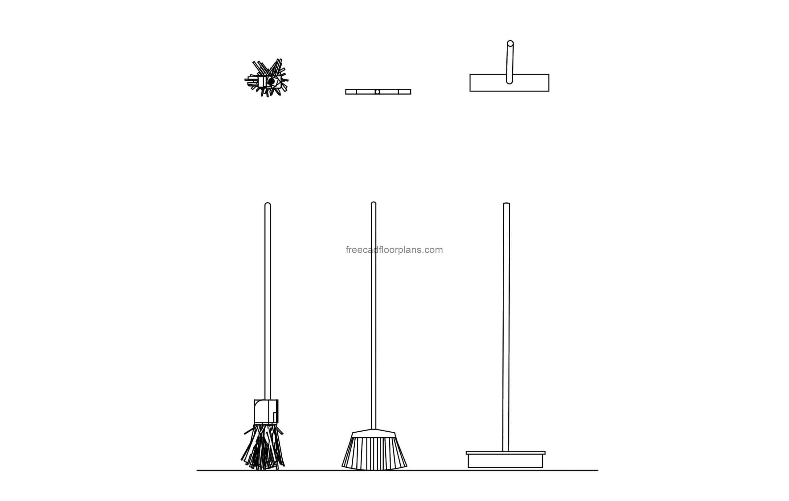 dwg drawings with front and plan views of brooms and mop dwg model for free download