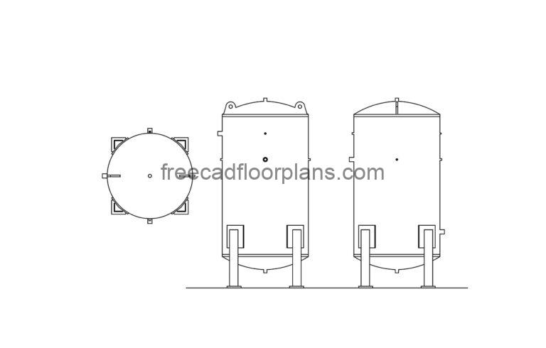 buffer tank drawing in dwg format, cad block, front, top and side elevations for free download