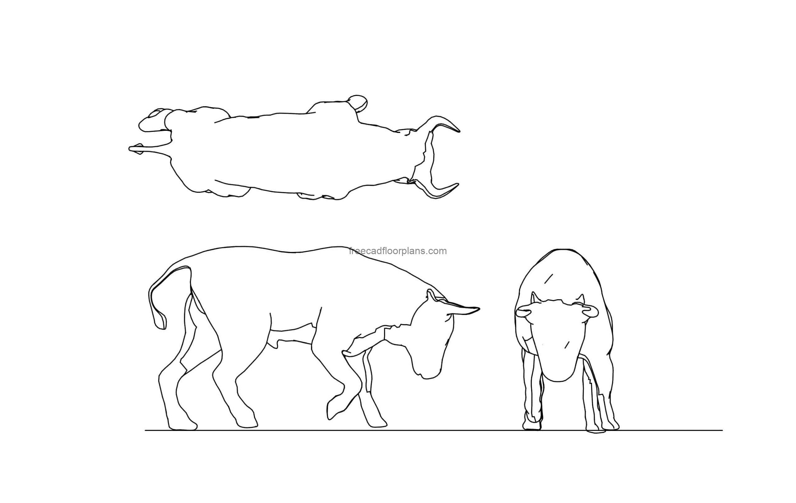 bull drawing, farm animal cad block with all 2d views plan and side elevations for free download, dwg cad file