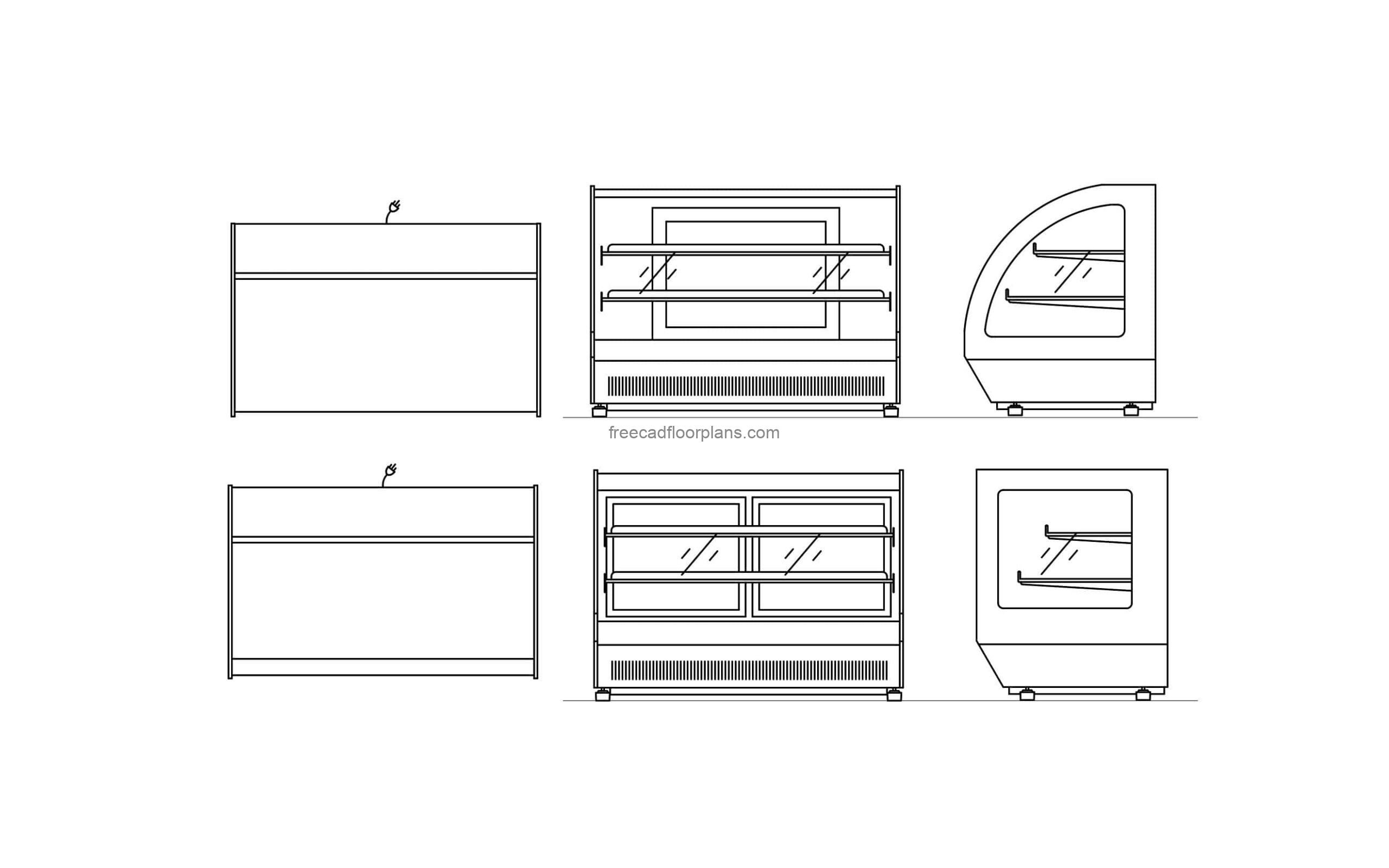 cad block drawing of a refrigerated cake display case all 2d views, plan and elevations ,file for free download