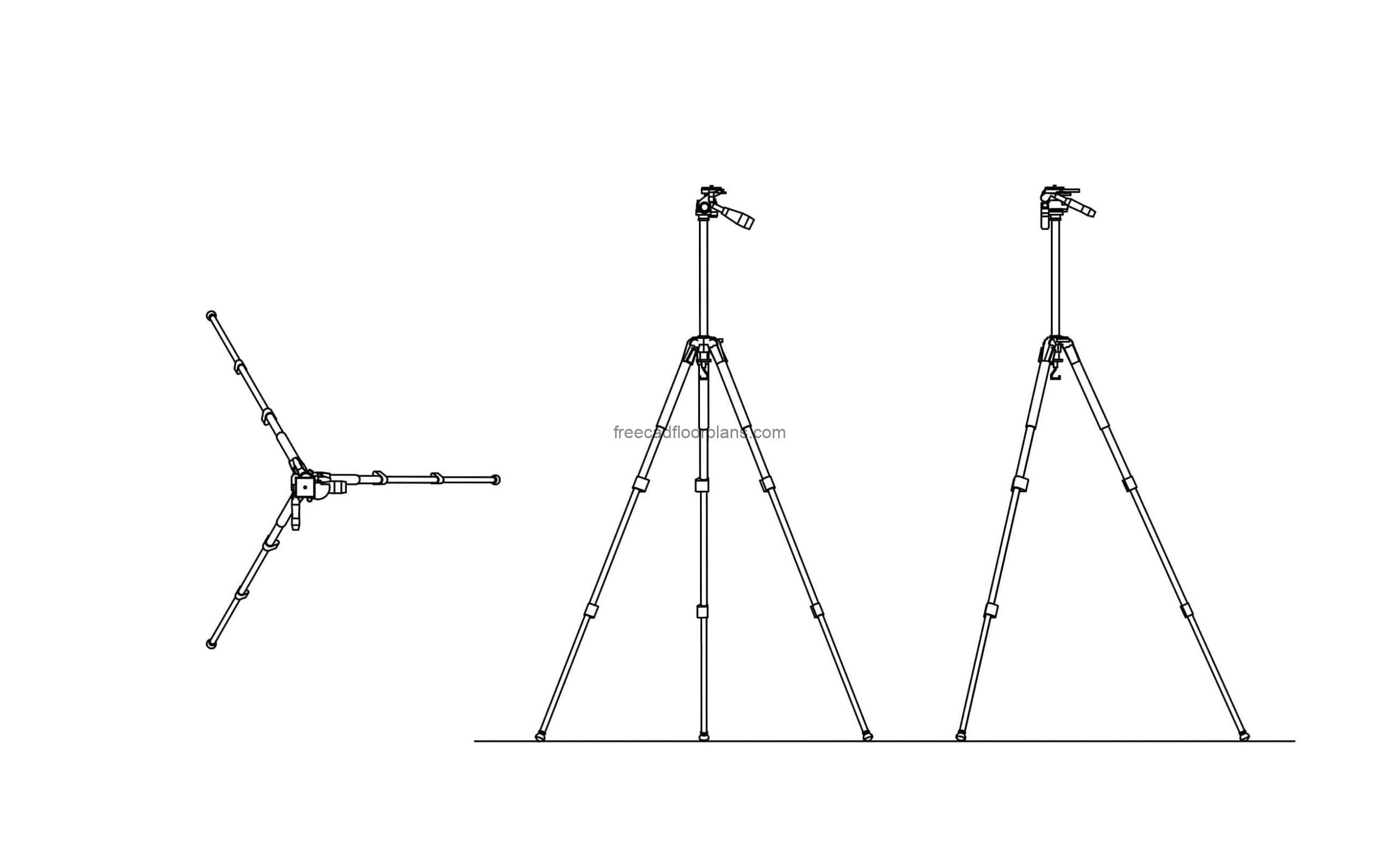 camera tripod drawing 2d views, cad block in dwg format, file for free download