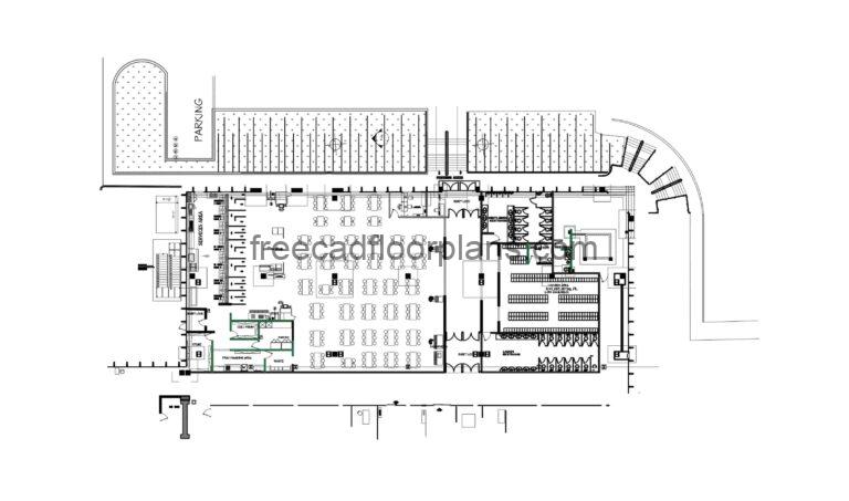 2d CAD drawings of large cafeteria with large dining area, all areas defined with autocad blocks, loading and unloading area, buffet, service area, refrigerators, complete floor plan, and all the necessary equipment.