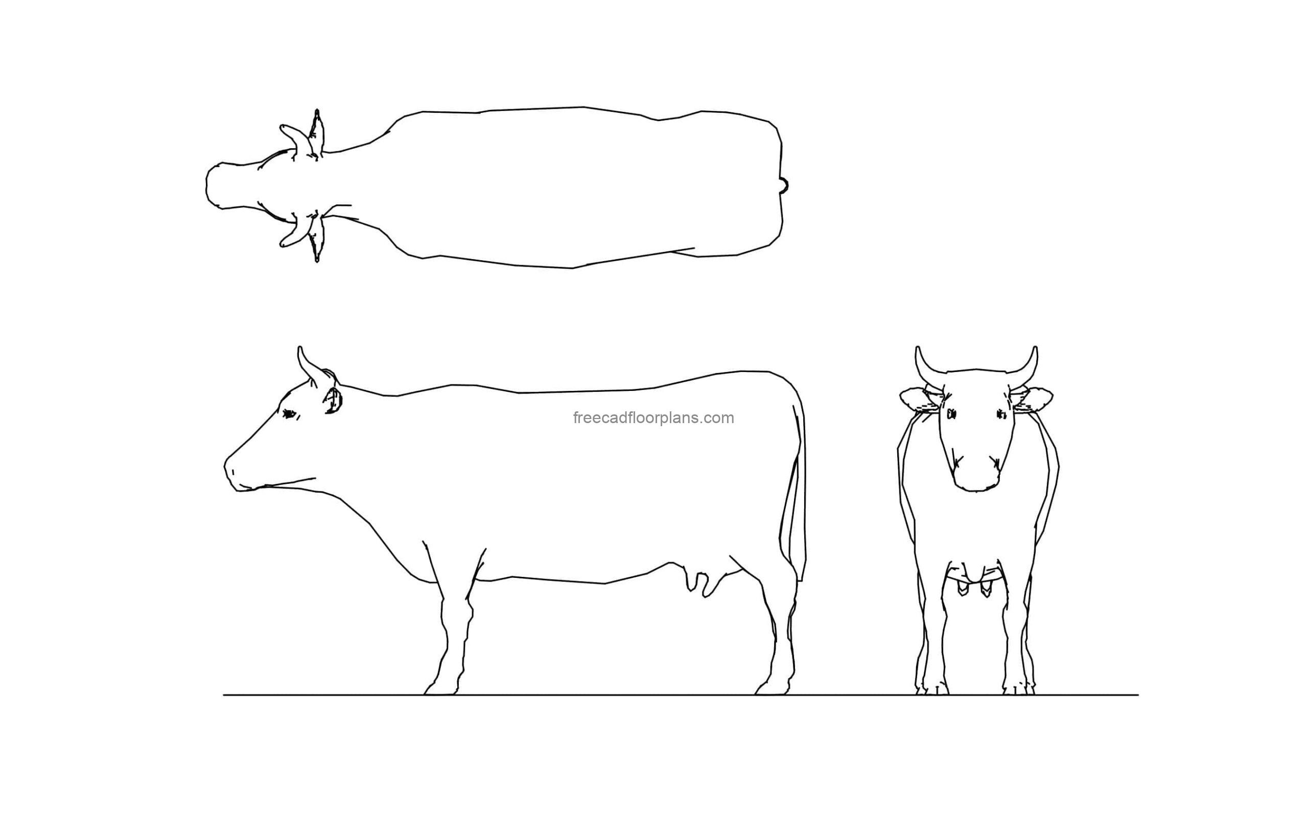 cow cad block drawing, plan and elevations file for free download