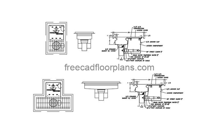 drawing model of a floor through drain with details cad block elevations and plan