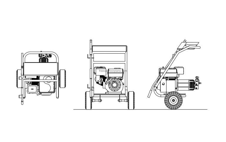 drawing of a high pressure washing machine in dwg model cad block with all 2d views for free download
