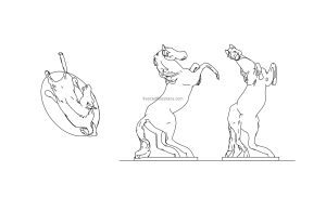 dwg drawing of a horse sculpture, cad block drawing with all 2d views, pland, front and side views for free download