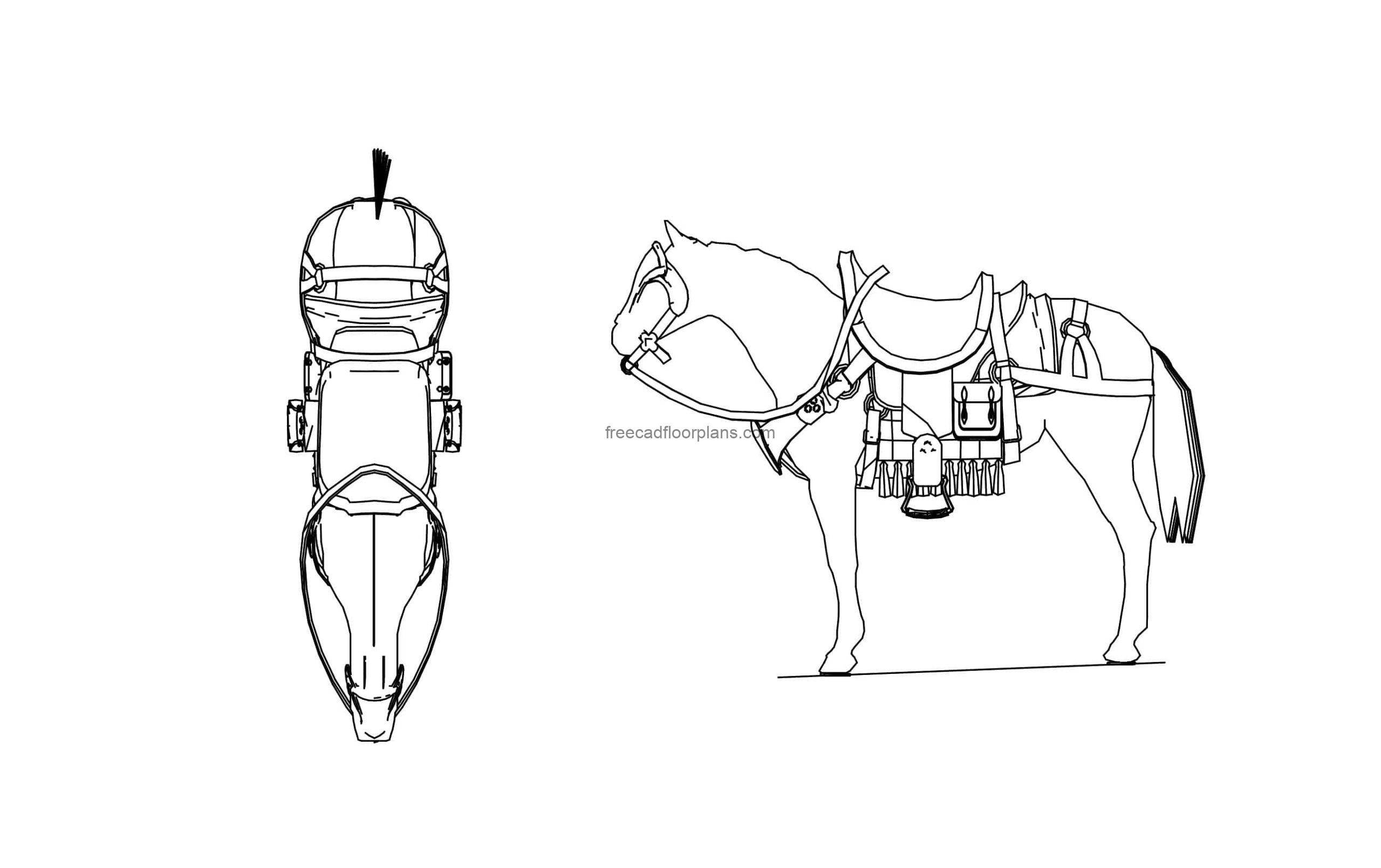 cad block drawing of a horse with saddler dwg file model plan and elevations for free download