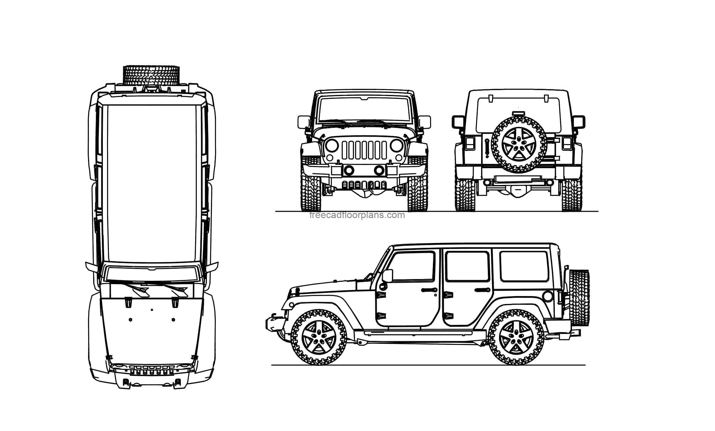 jeep willys wrangler cad block drawing all 2d views file for free download