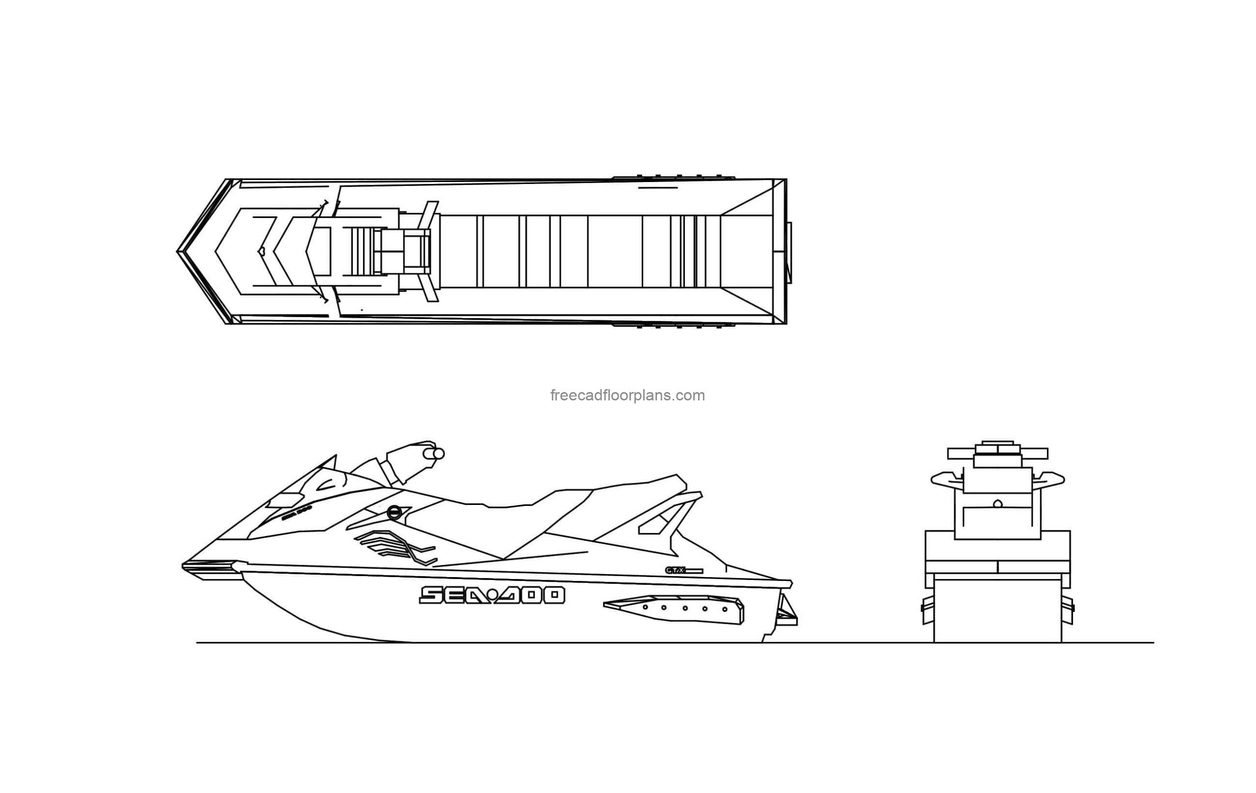 drawing of a jet ski sea doo all 2d views, plan, front and side elevation free file for download