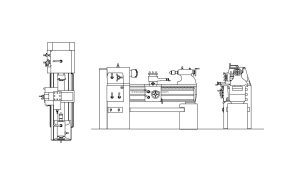 all 2d drawings views including elevations, side and front view of a lathe machine, cad block for free download