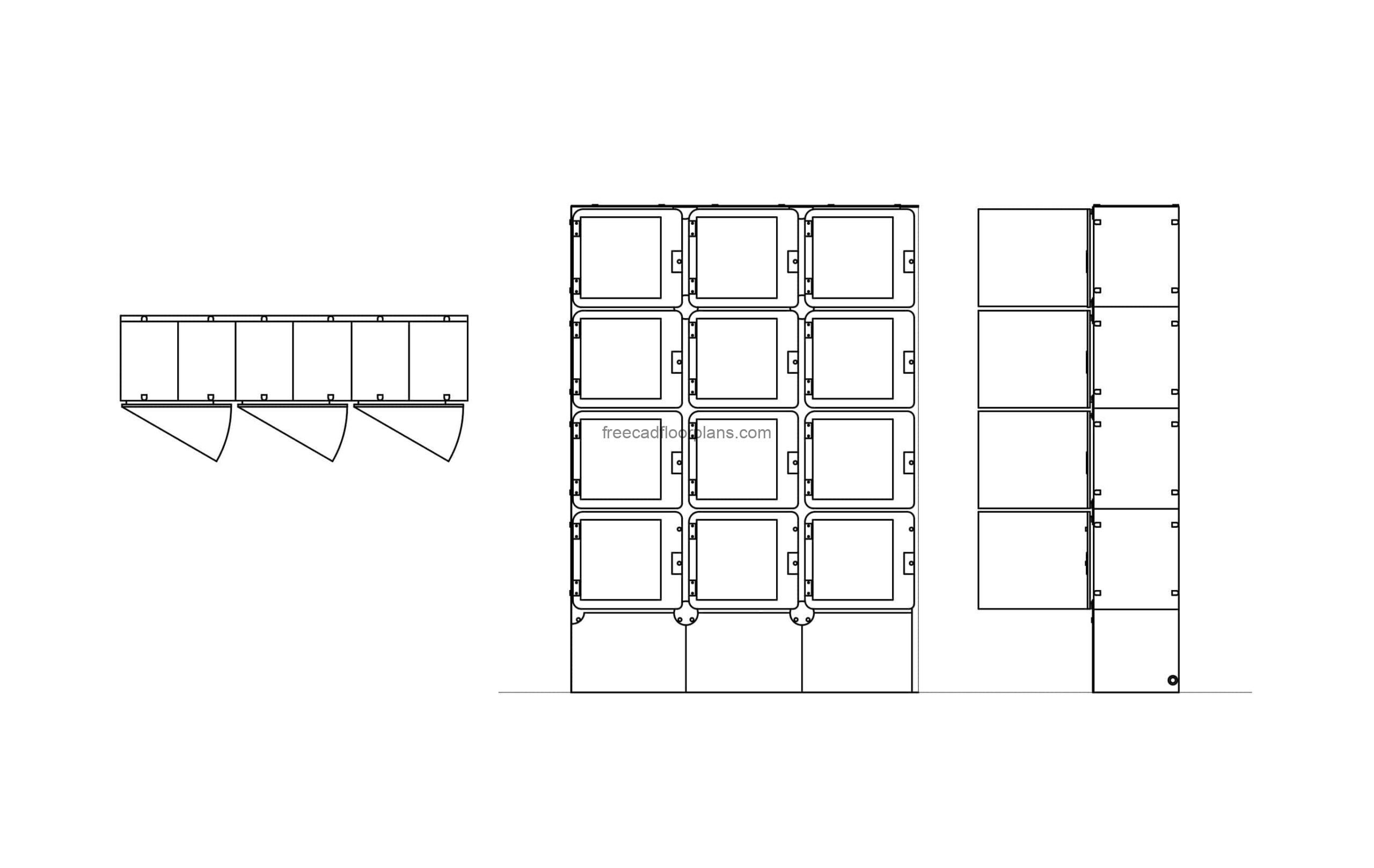 drawing of lockers in dwg CAD block model, all 2d views for free download