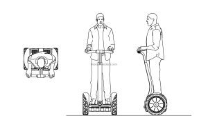 man on electric scooter drawing cad block, front and plan views for free download