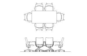 dwg drawing in plan and elevation of a meeting room table, cad block file for free download