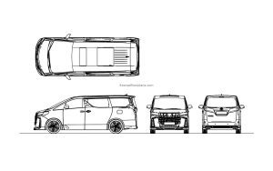 drawing of a modern executive toyota alphard car cad block all 2d views file for free download, plan and elevations views