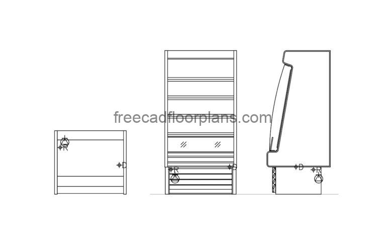 drawing cad block ofa open display case for dairy and meat, top view, side and front views for free download