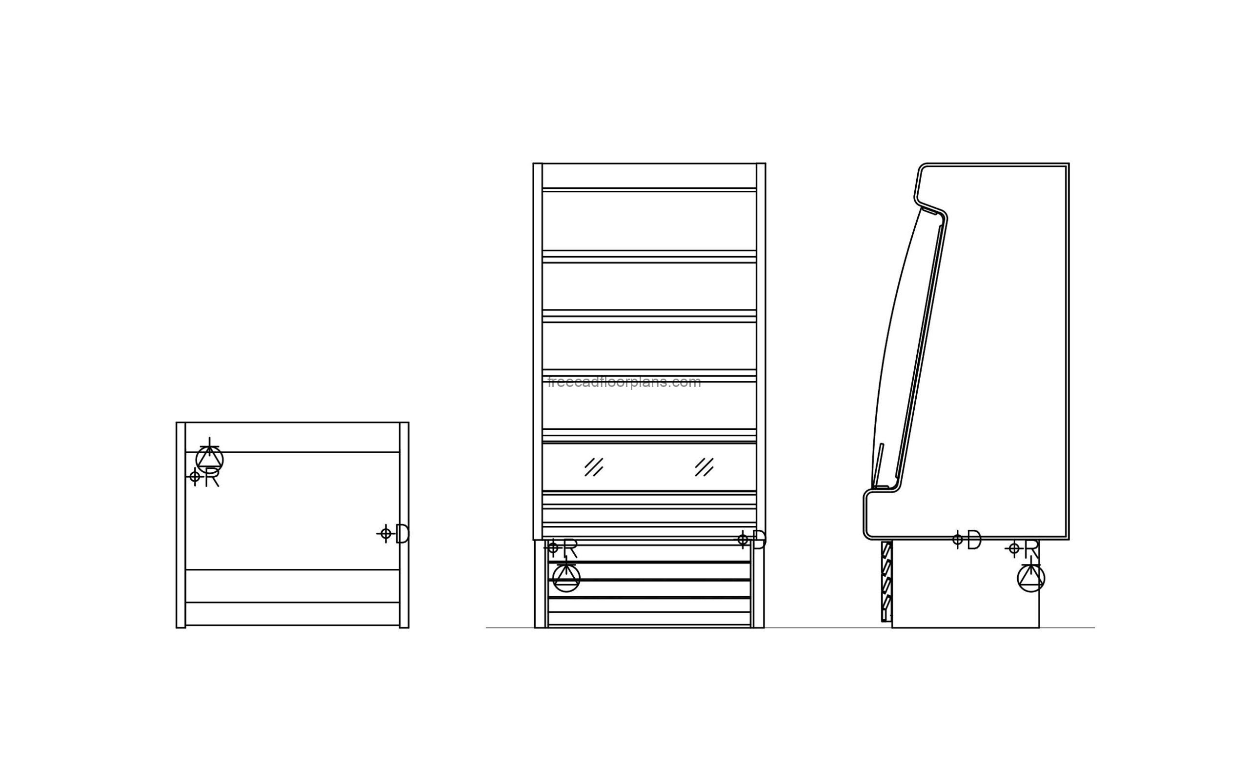 drawing cad block ofa open display case for dairy and meat, top view, side and front views for free download