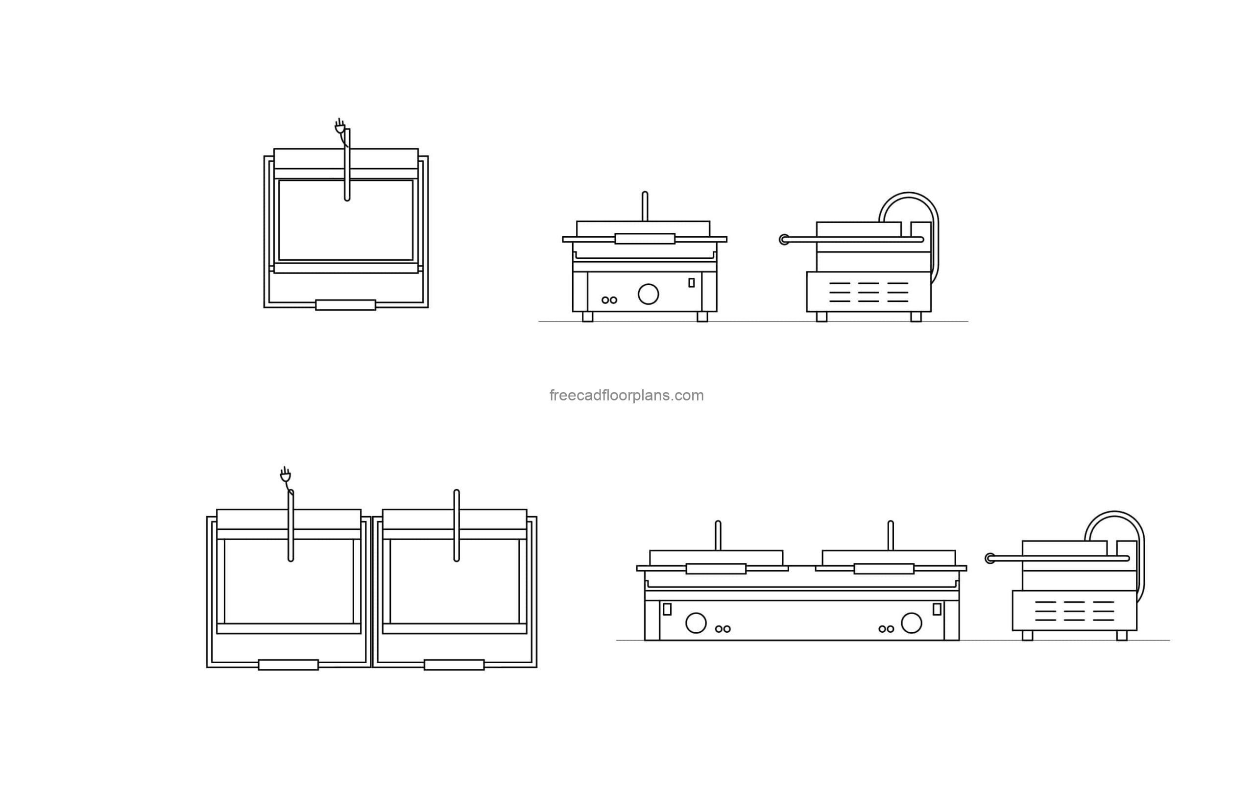 panini grill machine cad block dwg drawing elevation and plan views file for free download with drawing details, equipment for industrial kitchen