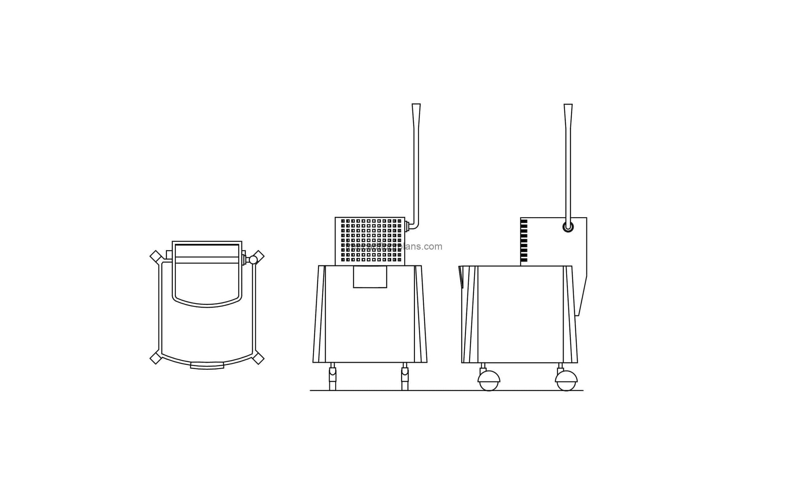 cad block drawing of a plastic mop bucket elevations, plan and side views for free download items for janitor supplie