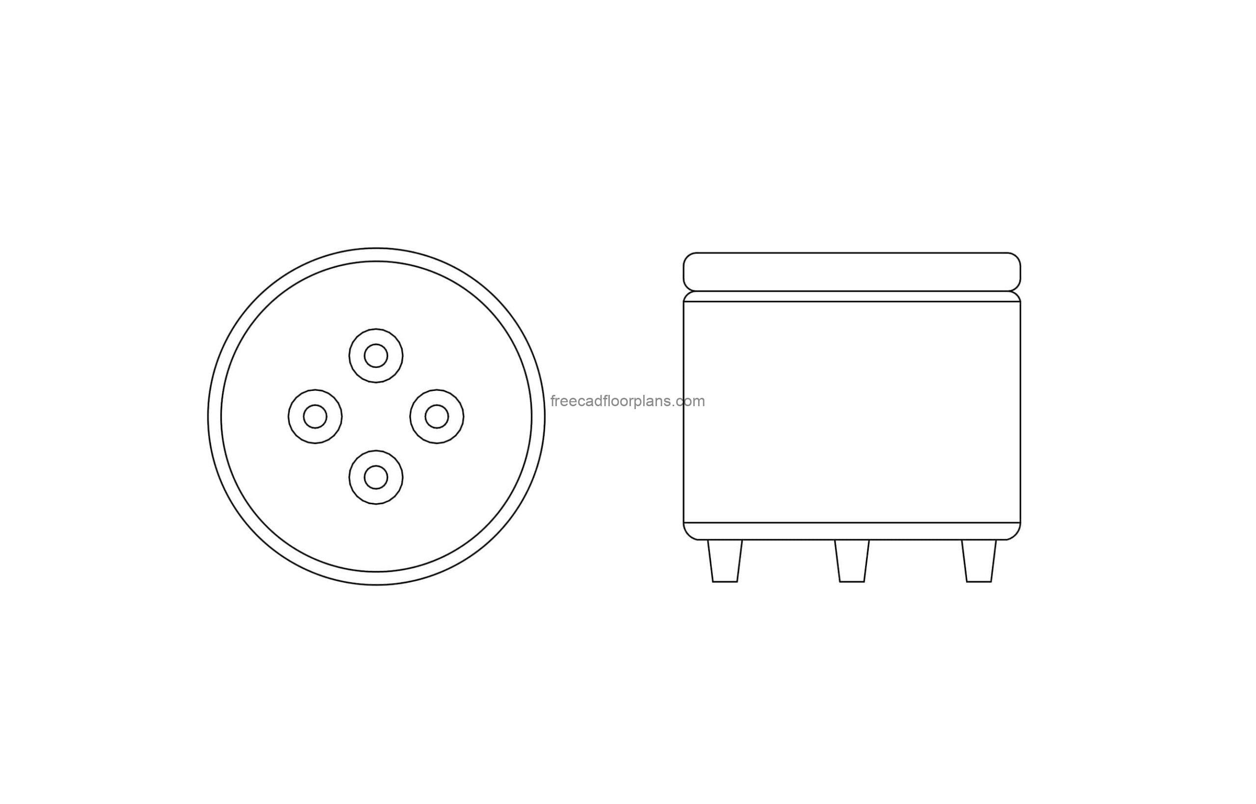 round pouf drawing dwg model cad block with front and side views file for free download