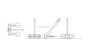 cad block drawing of a ship anchor all views in 2d, elevations and plan dwg model file for free download